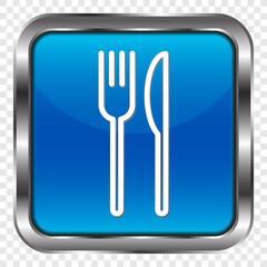 Restaurant, fork knife simple icon. Flat design. Metal, blue square button. Transparent grid.ai