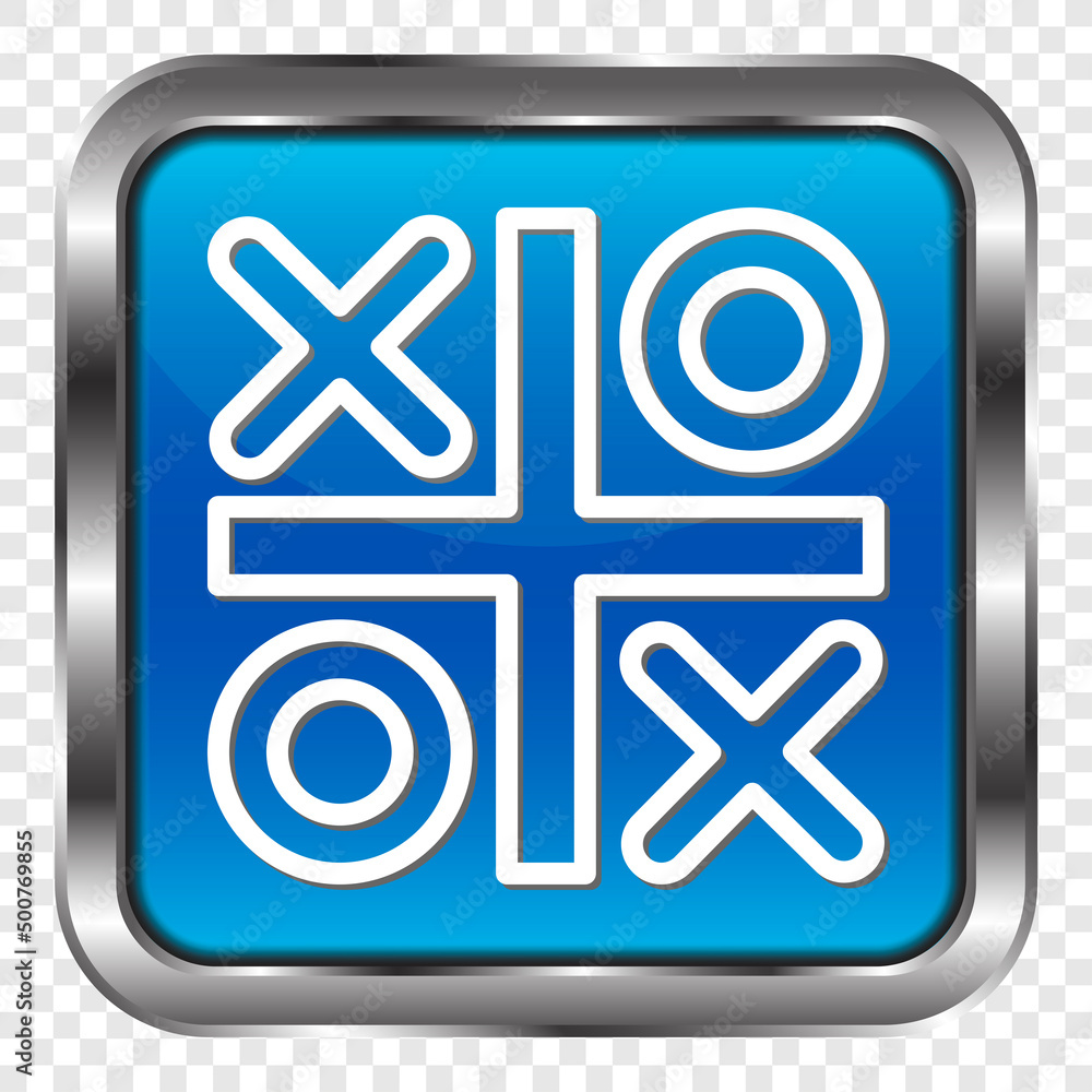 Poster tic tac toe simple icon vector. flat design. metal, blue square button. transparent grid.ai