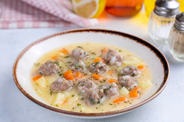 Seasoned soup with meatballs with vegetables. Turkish name; sulu kofte, eksili kofte, terbiyeli kofte)