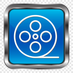 Video, film simple icon. Flat design. Metal, blue square button. Transparent grid.ai