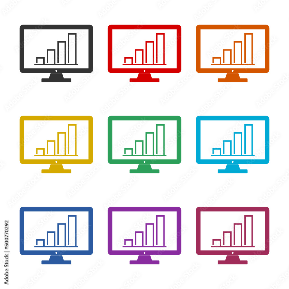 Poster computer monitor with graph chart icon color set