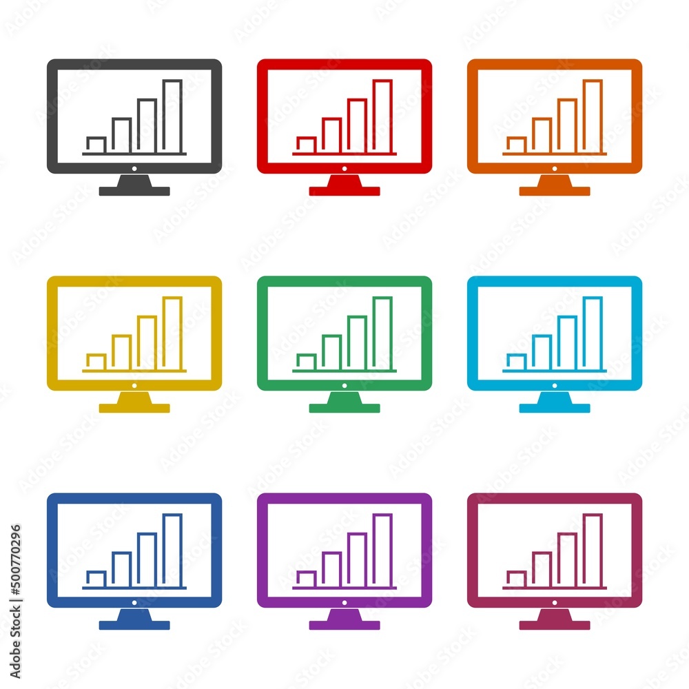 Poster computer monitor with graph chart icon color set