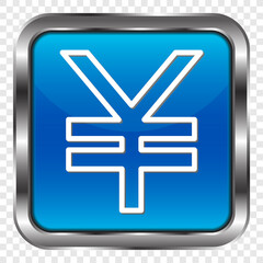Yen simple icon vector. Flat design. Metal, blue square button. Transparent grid.ai