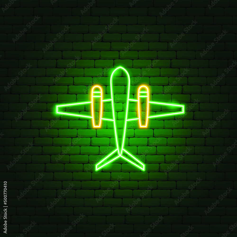 Canvas Prints War Airplane Neon Sign. Vector Illustration of Plane Promotion.