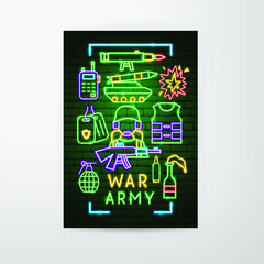 War Army Neon Flyer. Vector Illustration of Military Promotion.