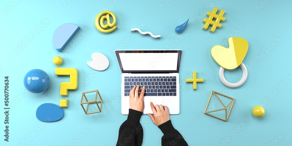 Poster person using a laptop computer with geometric shaped objects from above