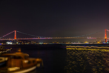 Fototapeta na wymiar 15 July Martyrs Bridge in the Night Lights, Uskudar Istanbul Turkey