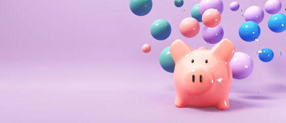 Piggy bank with decorative celebratory colored spheres - 3d render