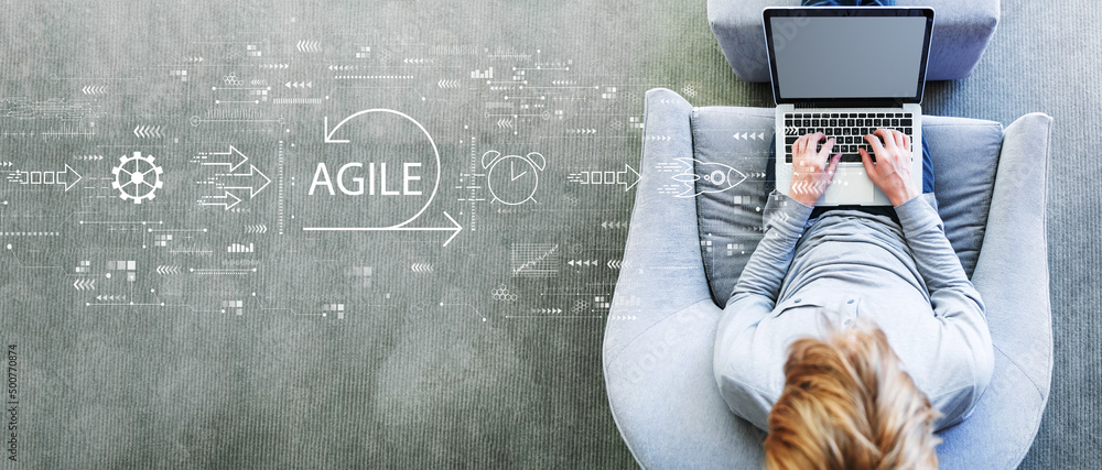 Poster agile concept with man using a laptop in a modern gray chair