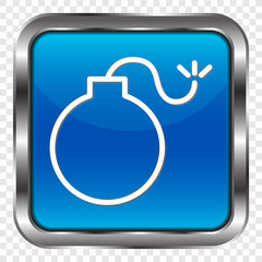 Obraz premium Bomb simple icon. Flat design. Metal, blue square button. Transparent grid.ai