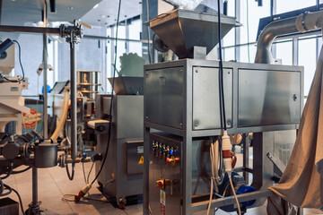 Manufacturin for automatic production of chocolate. Sweets modern factory. Food industry, automated technology equipment and engineering concept.