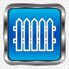 Fence simple icon. Flat design. Metal, blue square button. Transparent grid.ai