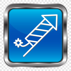 Fireworks simple icon. Flat design. Metal, blue square button. Transparent grid.ai