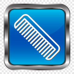 Hairbrush simple icon. Flat design. Metal, blue square button. Transparent grid.ai