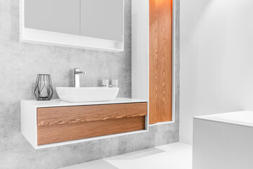Bathroom interior with sink and faucet.