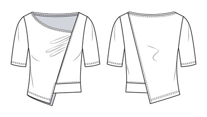 Women asymmetric Top fashion flat template. Girls crop T-shirt fashion technical drawing template. Sports wear fashion design set.