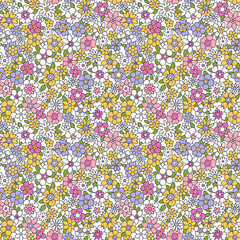 Colorful 60s -70s style retro hand drawn floral pattern. Multicolored flowers. Vintage seamless vector background. Hippie style, print  for fabric, swimsuit, fashion prints and surface design. Stock. © ann_and_pen