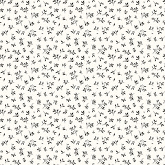 Cute floral pattern in the small leaves. Seamless vector texture. Elegant template for fashion prints. Printing with small black flowers. White background. Stock print. - obrazy, fototapety, plakaty