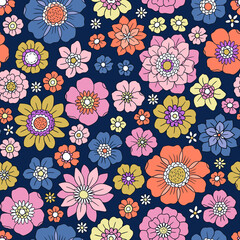 Colorful 60s -70s style retro hand drawn floral pattern. Multicolored flowers. Vintage seamless vector background. Hippie style, print  for fabric, swimsuit, fashion prints and surface design. Stock. © ann_and_pen