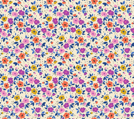 Spring flowers print. Vector seamless floral pattern. Floral design for fashion prints. Endless print made of small multicolor flowers. Elegant template. White background. Stock vector.