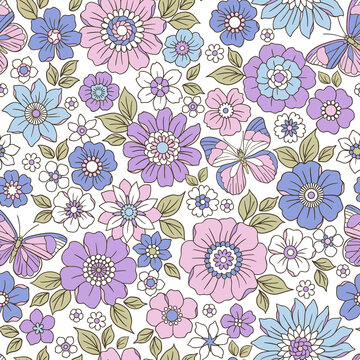 Colorful 60s -70s style retro hand drawn floral pattern. Purple flowers. Vintage seamless vector background. Hippie style, print  for fabric, swimsuit, fashion prints and surface design. Stock.