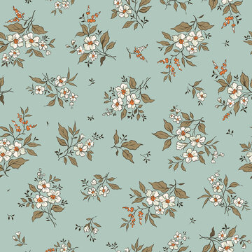 Vintage floral background. Floral pattern with small white flowers on a pale blue background. Seamless pattern for design and fashion prints. Ditsy style. Stock vector illustration.