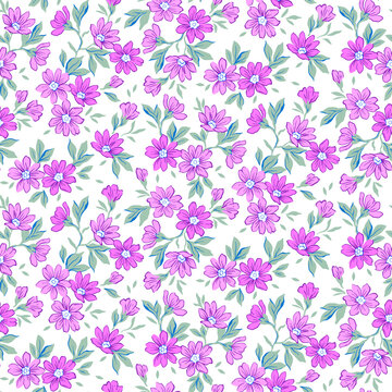 Spring flowers print. Vector seamless floral pattern. Floral design for fashion prints. Endless print made of small pastel pink lilac color flowers. Elegant template. White background. Stock vector.