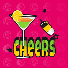 Glass with cocktail and canape, cheers, party, pop art style vector illustration. One picture from the Super Star series