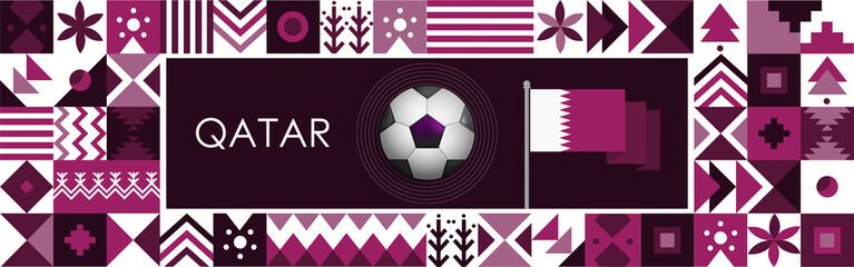 Qatar national day banner for football world cup or soccer sports. Qatari flag with modern geometric retro abstract design. Purple or violet traditional cultural color theme. Vector Illustration.