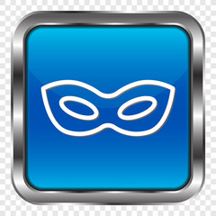 Mask simple icon. Flat design. Metal, blue square button. Transparent grid.ai