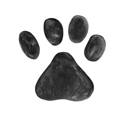 Fototapeta na wymiar Watercolor hand drawn illustration of a dog cat paw silhouette foot step print.