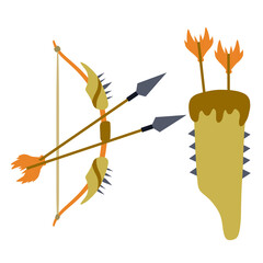 Bow and arrow. Taut bowstring. Fantastic weapons. Set of objects. Flat cartoon illustration. Shooting and hunting element