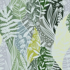 Delicate pattern of twigs and leaves in shades of green. Refreshing elegant summer harmonious pattern.