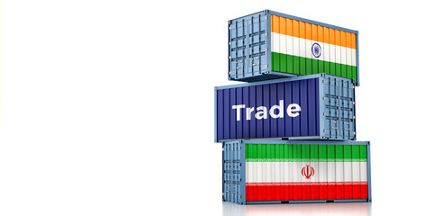 Cargo containers with Iran and India national flags. 3D Rendering