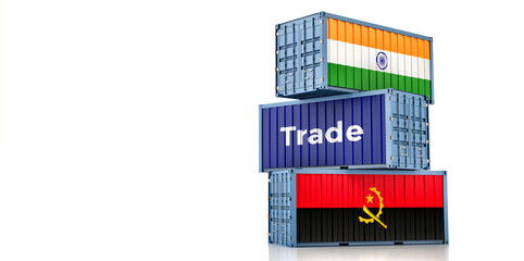 Cargo containers with Angola and India national flags. 3D Rendering