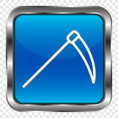 Scythe simple icon. Flat design. Metal, blue square button. Transparent grid.ai