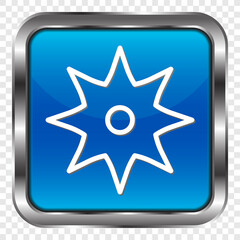 Shuriken simple icon. Flat design. Metal, blue square button. Transparent grid.ai