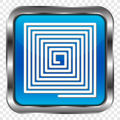 Spiral simple icon vector. Flat design. Metal, blue square button. Transparent grid.ai