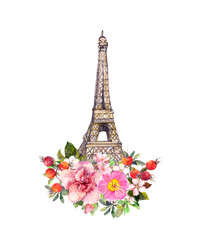 Fototapeta na wymiar Flowers and Eiffel tower Paris, France . Watercolor illustration
