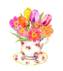 Spring tulip flowers in vintage teacup. Tea watercolor - 500774679