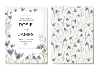 Botanical wedding invitation card template design, blue wildflowers and green leaves with frame on light beige background, pastel vintage theme