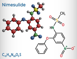 Nimesulide molecule. It is a relatively COX-2 selective, nonsteroidal anti-inflammatory drug NSAID, used to treat acute pain. Structural chemical formula, molecule mode.