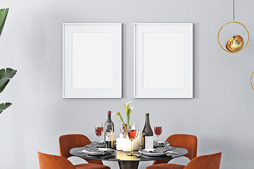Twoo white frame mockup in dinnig room