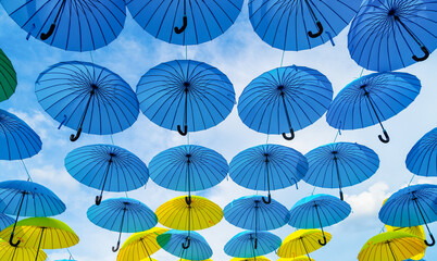 Fototapeta na wymiar Decorative parasols hanging in sky bottom- up. Umbrella background. Street decoration