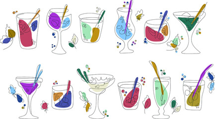 Collection of alcohol coctails and other drinks. Lineart summer coctail