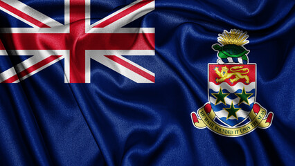 Close up realistic texture fabric textile silk satin flag of Cayman Islands waving fluttering background. National symbol of the country. Happy Day concept
