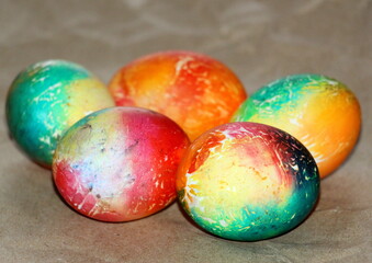 Happy Easter. Traditional holiday poster with cute painted eggs on wrapping paper.