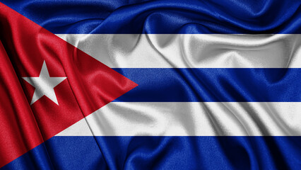 Close up realistic texture fabric textile silk satin flag of Cuba waving fluttering background. National symbol of the country. 10th of October, Happy Day concept