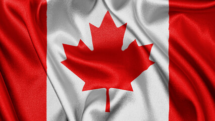 Close up realistic texture fabric textile silk satin flag of Canada waving fluttering background. National symbol of the country. 1st of July, Happy Day concept