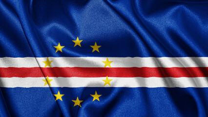 Close up realistic texture fabric textile silk satin flag of Cape Verde waving fluttering background. National symbol of the country. 5th of July, Happy Day concept